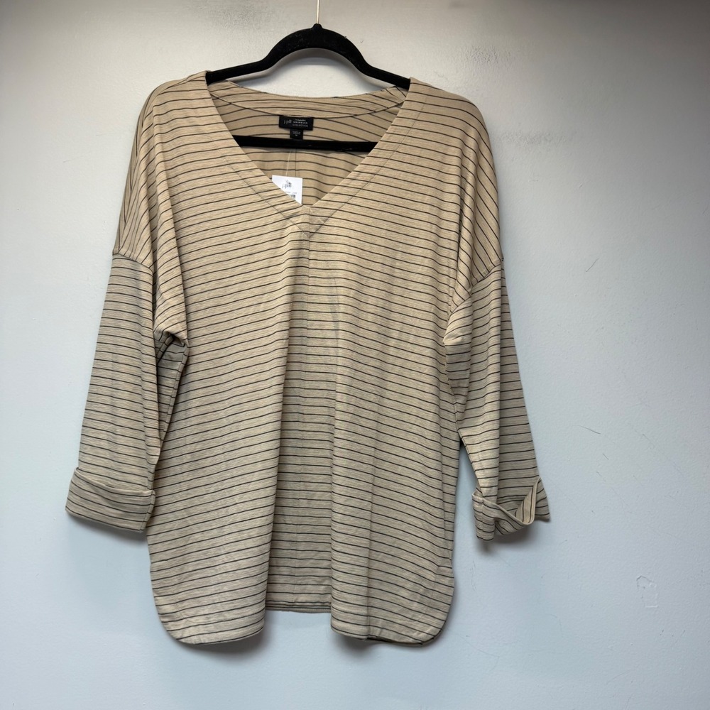 J. Jill Tunic Women M Camel Black NEW Striped Wearever V-Neck‎ 3/4 Sleeve 9243
